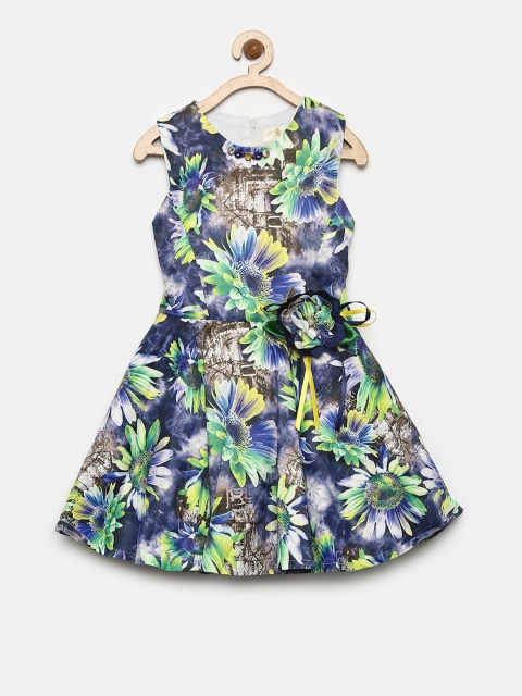 

Tiny Girl Green & Blue Printed Fit and Flare Dress