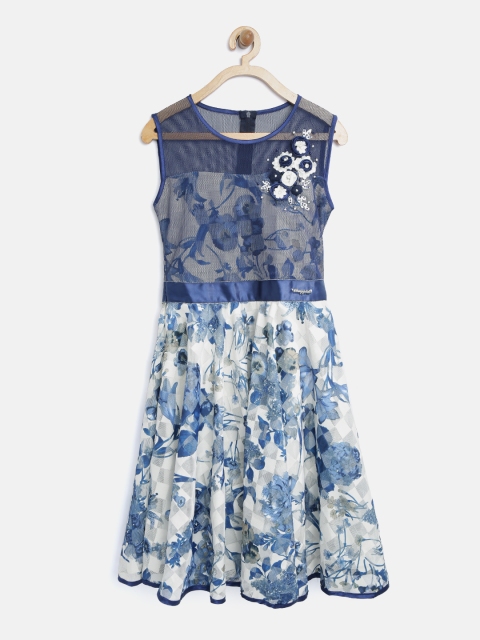 

Tiny Girl Navy Blue & Off-White Floral Print Fit & Flare Dress