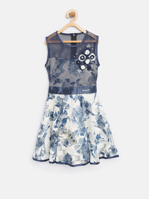 

Tiny Girl Navy & Off-White Floral Print Fit and Flare Dress, Navy blue