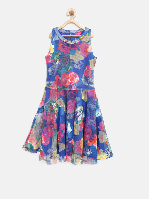 

Tiny Girl Blue Printed Net Fit & Flare Dress