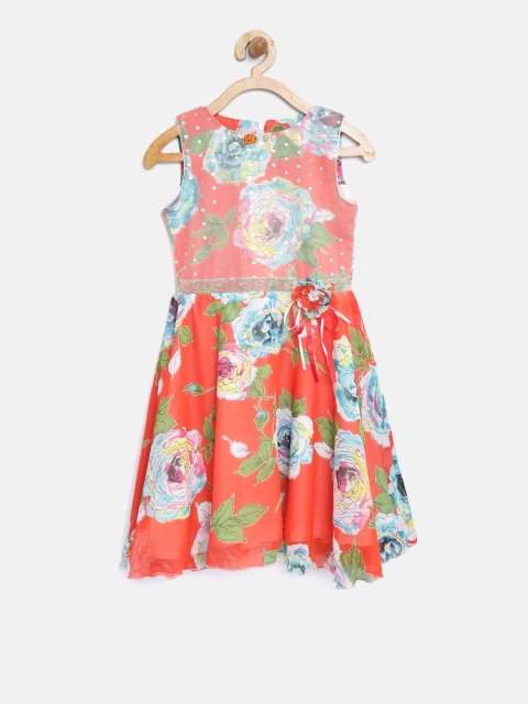 

Tiny Girl Orange & Off-White Floral Print Fit & Flare Dress