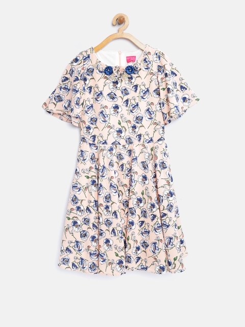 

Tiny Girl Peach-Coloured & Blue Printed Fit & Flare Dress