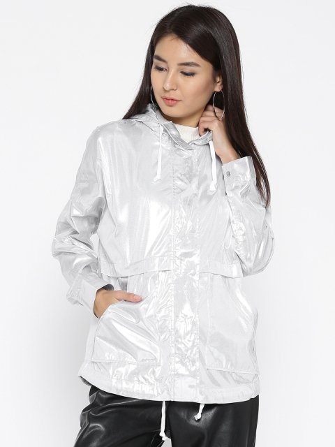 

FOREVER 21 Women Silver Solid Hooded Parka Jacket