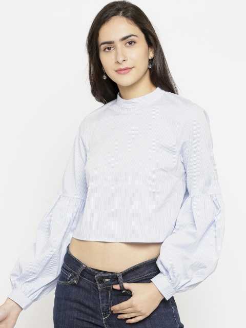 

FOREVER 21 Women Blue & White Striped High-Low Top