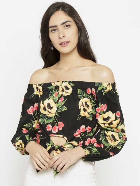 

FOREVER 21 Women Black Printed Bardot Top