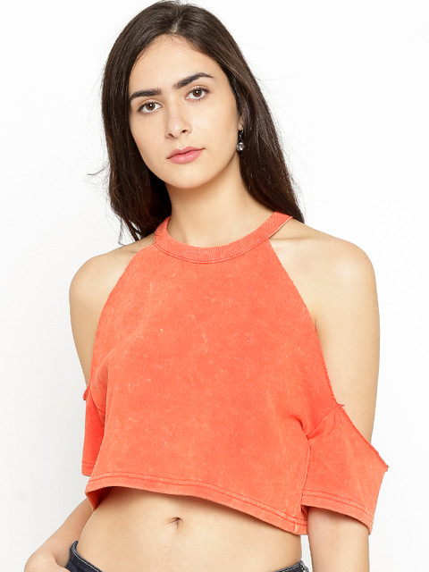 

FOREVER 21 Women Orange Solid Crop Top