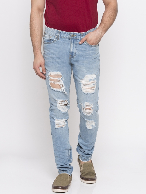 

FOREVER 21 Men Blue Regular Fit Mid-Rise Highly Distressed Jeans