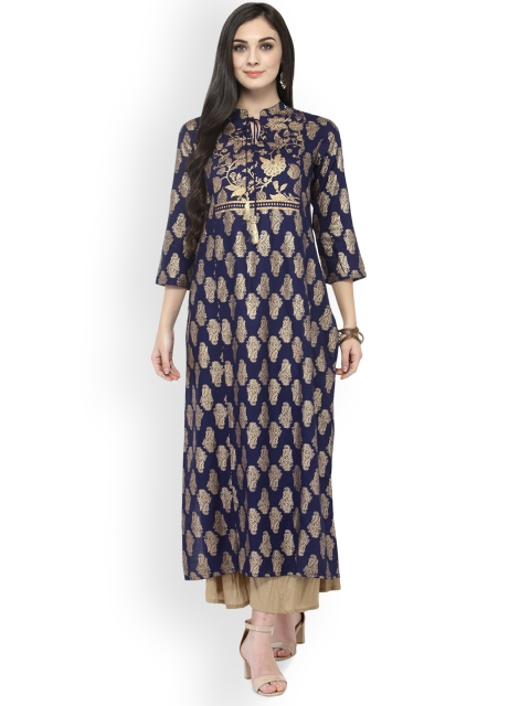 

Varanga Women Blue & Gold-Toned Printed Straight Kurta