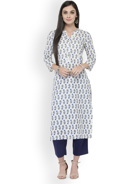 

Varanga Women White & Blue Printed Straight Kurta