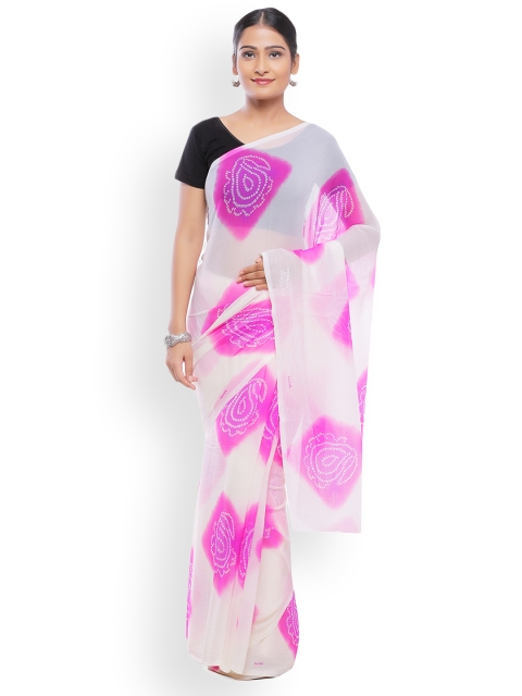 

SOUNDARYA White & Pink Pure Georgette Printed Saree