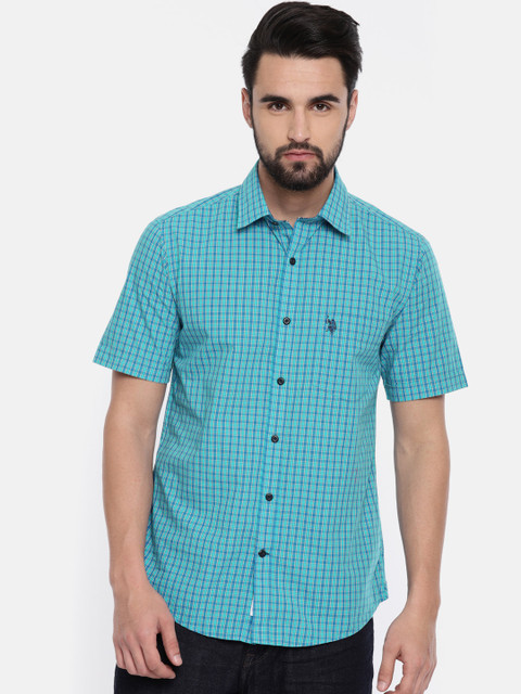 

U.S. Polo Assn. Men Blue & Yellow Tailored Fit Checked Casual Shirt