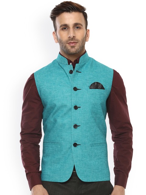 

Hangup Turquoise Blue Nehru Jacket with Pocket Square