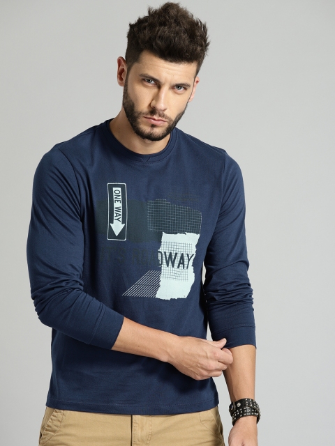 

Roadster Men Navy Blue Printed Round Neck Pure Cotton T-shirt