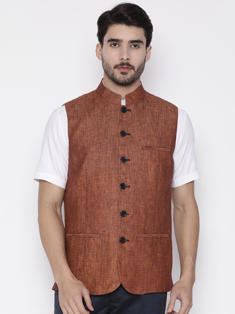

Theme Men Orange & Maroon Self-Design Linen Nehru jacket