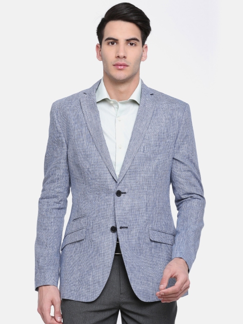 

Theme Navy & White Self Design Single-Breasted Super Slim Fit Formal Blazer, Navy blue