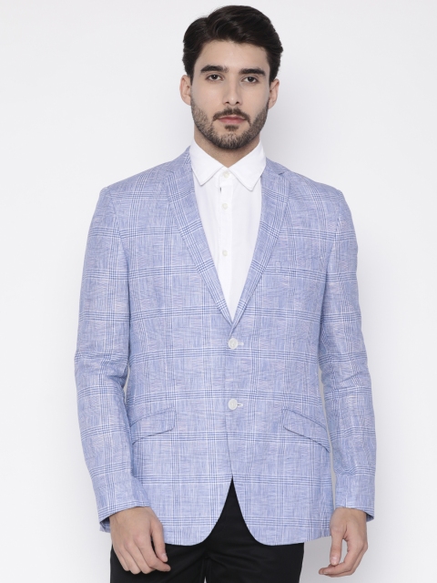 

Theme Blue & White Checked Linen Single-Breasted Fitted Blazer