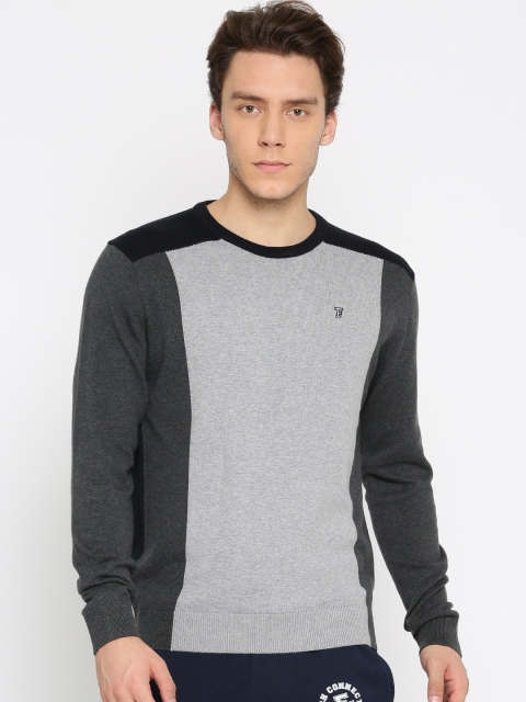 

French Connection Men Grey Melange Colourblocked Pullover