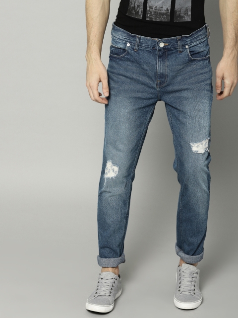 

French Connection Men Blue Slim Straight Fit Mid-Rise Mildly Distressed Stretchable Jeans