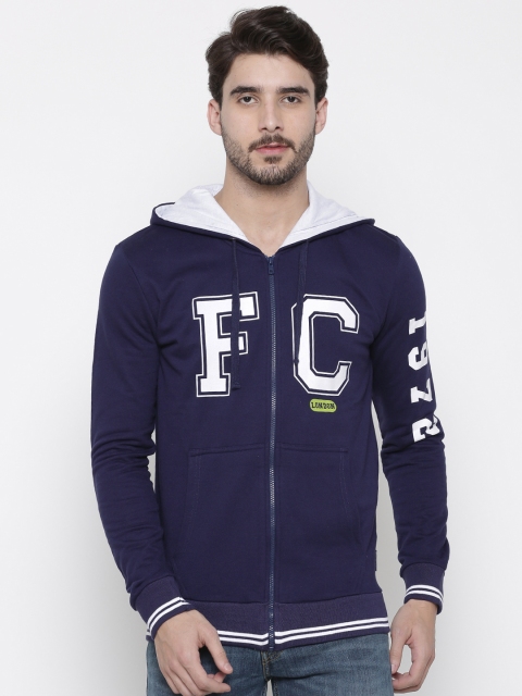 

French Connection Men Blue Printed Hooded Sweatshirt