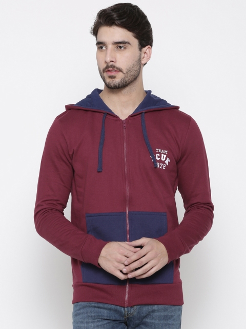 

French Connection Men Maroon Solid Hooded Sweatshirt