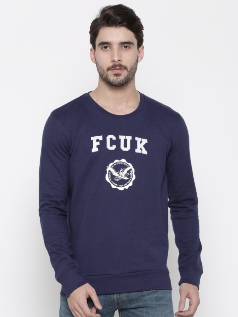 

French Connection Men Blue Self-Design Sweatshirt