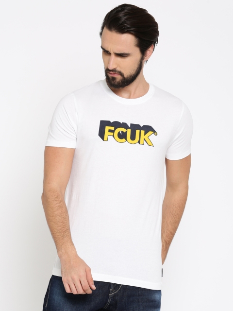 

French Connection Men White Solid Round Neck T-shirt