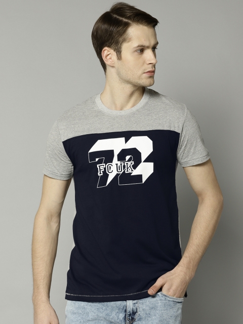 

French Connection Men Navy & Grey Slim Fit Printed Round Neck T-shirt, Navy blue