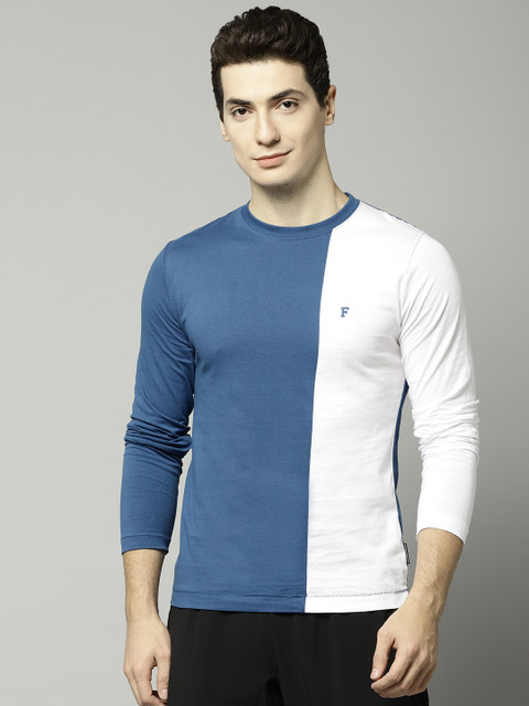 

French Connection Men Blue & White Slim Fit Colourblocked Round Neck T-shirt