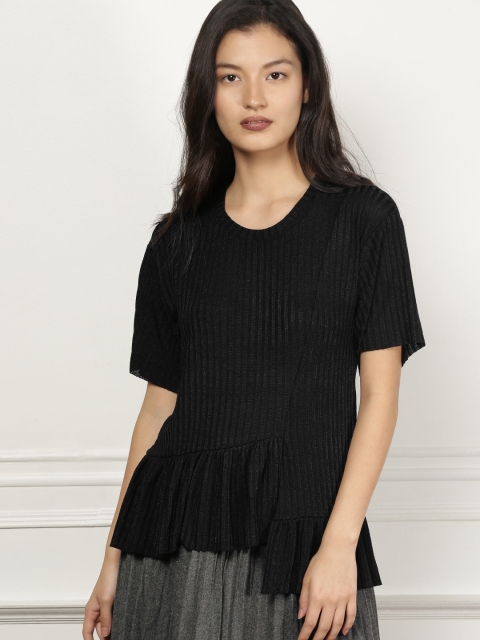

all about you Women Black Striped Round Neck Top