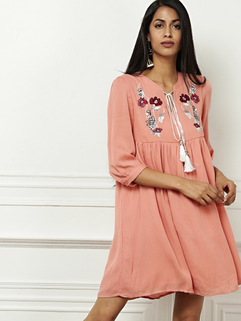 

all about you Women Peach-Coloured Self Design A-Line Dress