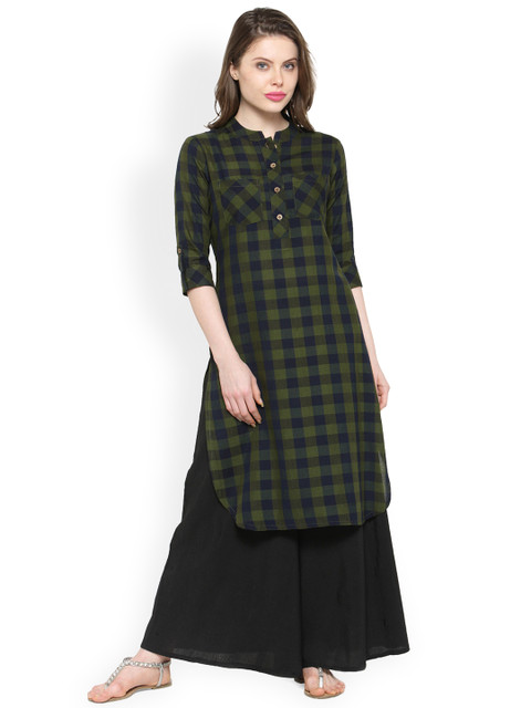 

Jompers Women Olive Green & Black Woven Design Pathani Kurta