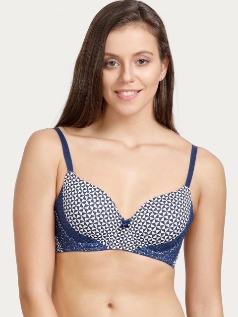 

Zivame Blue & White Printed Non-Wired Lightly Padded T-shirt Bra