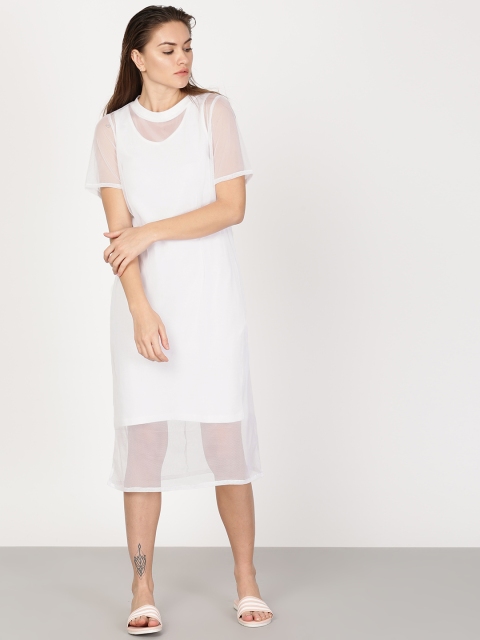 

ether Women White Sheath Dress with Mesh Layer