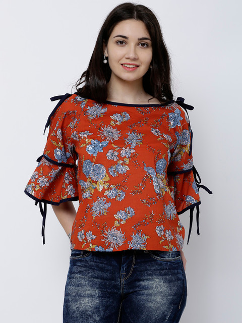 

Tokyo Talkies Women Rust Printed Boxy Pure Cotton Top