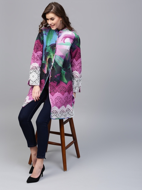 

Rain & Rainbow Women Multicoloured Printed Longline Tailored Jacket, Multi