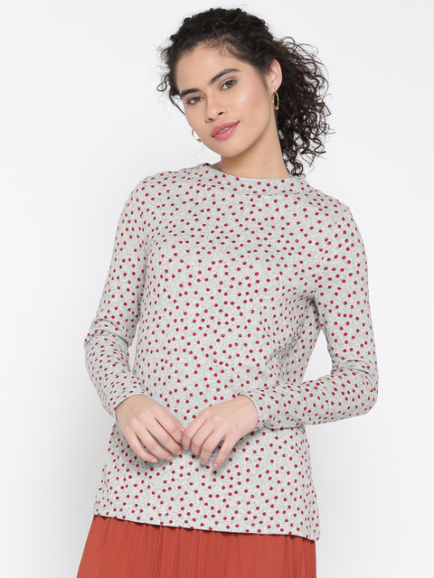 

Marks & Spencer Women Grey Melange & Red Printed Sweater