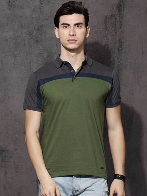 

Roadster Men Olive Green & Grey Colourblocked Polo T-Shirt