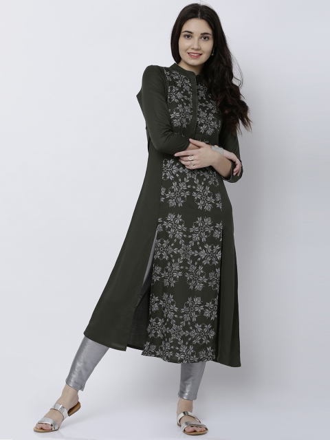 

Vishudh Women Olive Green & Silver-Toned Printed A-Line Kurta