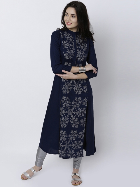 

Vishudh Women Navy Blue & Silver-Toned Printed A-Line Kurta