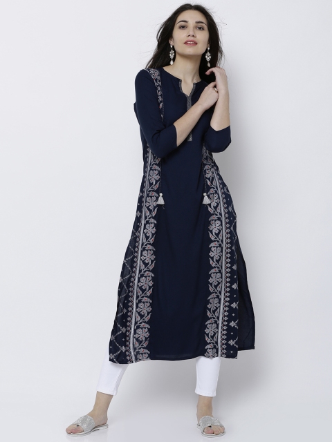 

Vishudh Women Navy Blue & Silver-Toned Printed Straight Kurta