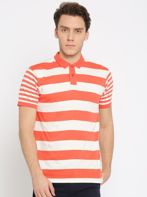 

Mast & Harbour Men Coral Orange & White Striped Polo Collar T-shirt