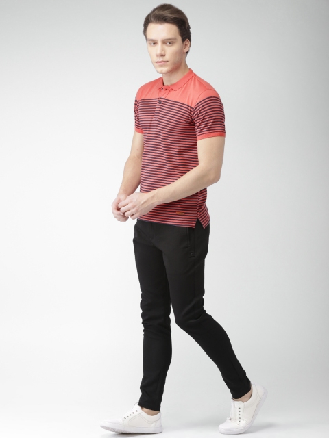 

Mast Harbour Men Coral Pink Striped Polo Collar Pure Cotton T-shirt