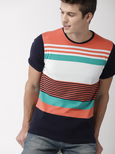 

Mast & Harbour Men White & Navy Striped Round Neck T-shirt