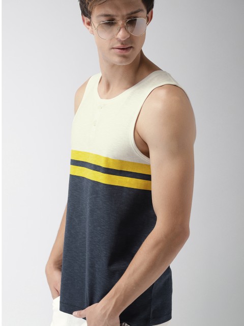 

Mast & Harbour Men Blue & White Colourblocked Henley Neck T-shirt
