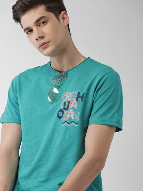 

Mast & Harbour Men Teal Blue Printed Round Neck T-shirt
