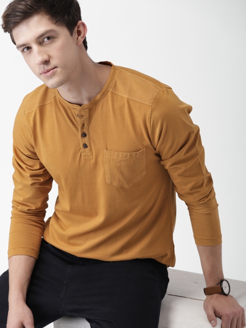 

Mast Harbour Men Mustard Yellow Solid Henley Neck Pure Cotton T-shirt