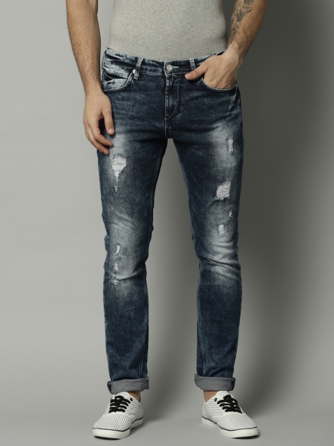 

French Connection Men Navy Blue Slim Straight Fit Mildly Distressed Stretchable Jeans
