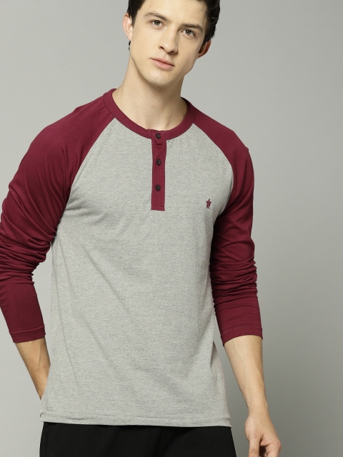 

French Connection Men Grey & Burgundy Solid Henley Neck T-shirt