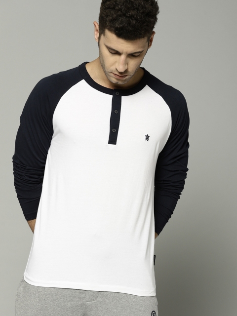 

French Connection Men White & Navy Blue Solid Henley Neck T-shirt