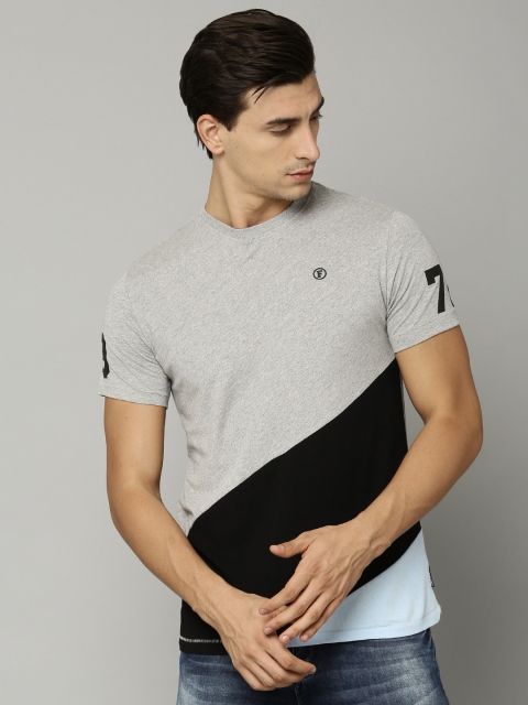 

French Connection Men Grey Melange Colourblocked Round Neck T-shirt